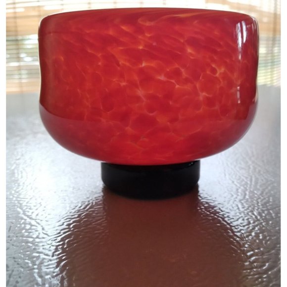 Vtg. lava red speckled art glass handblown footed votive vase signed O'dell 96 - Picture 2 of 15